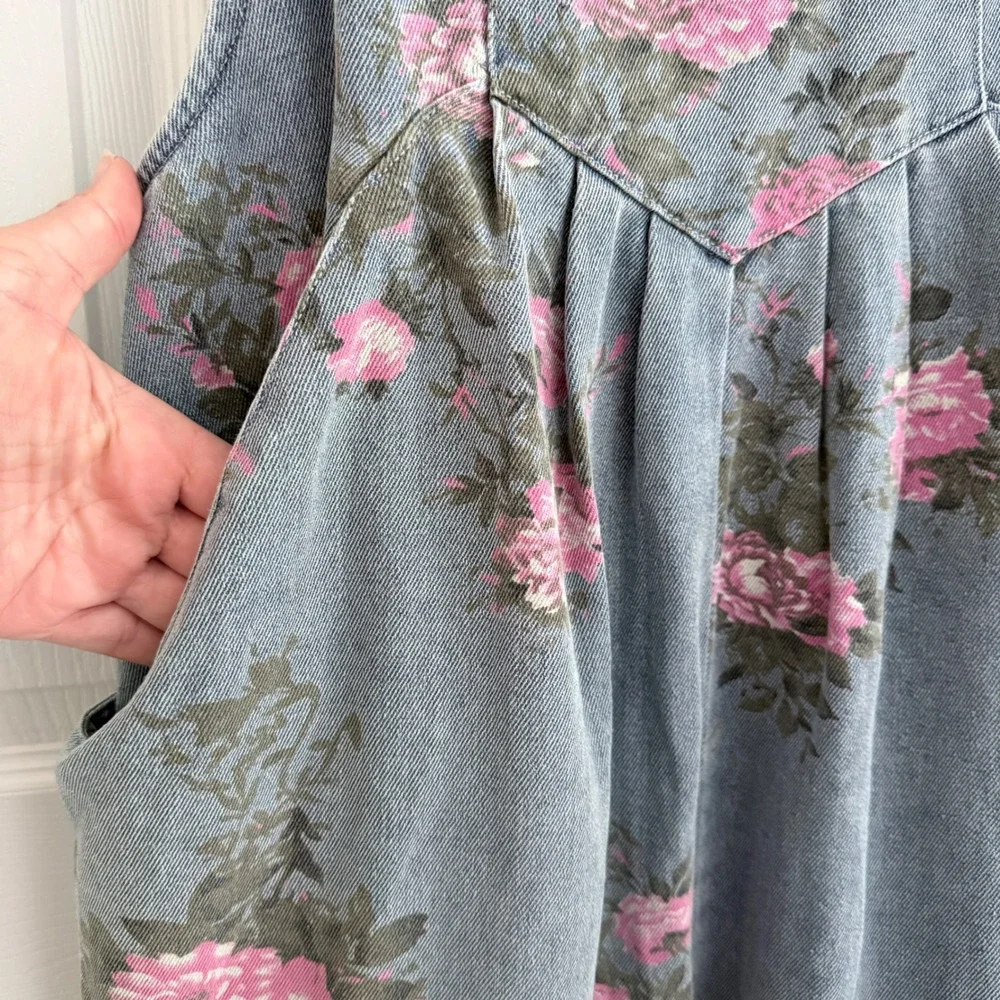 BIB! Floral Denim Shortalls Women XL Blue Pink Rose Print 100% Cotton NWT